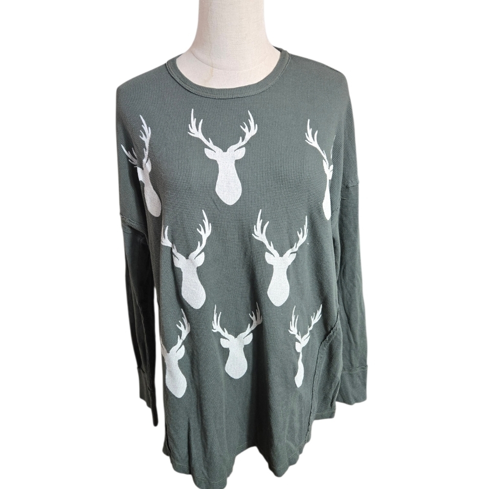 Show Me Your Mumu Deep Green Waffle Knit Top with White Deer Print